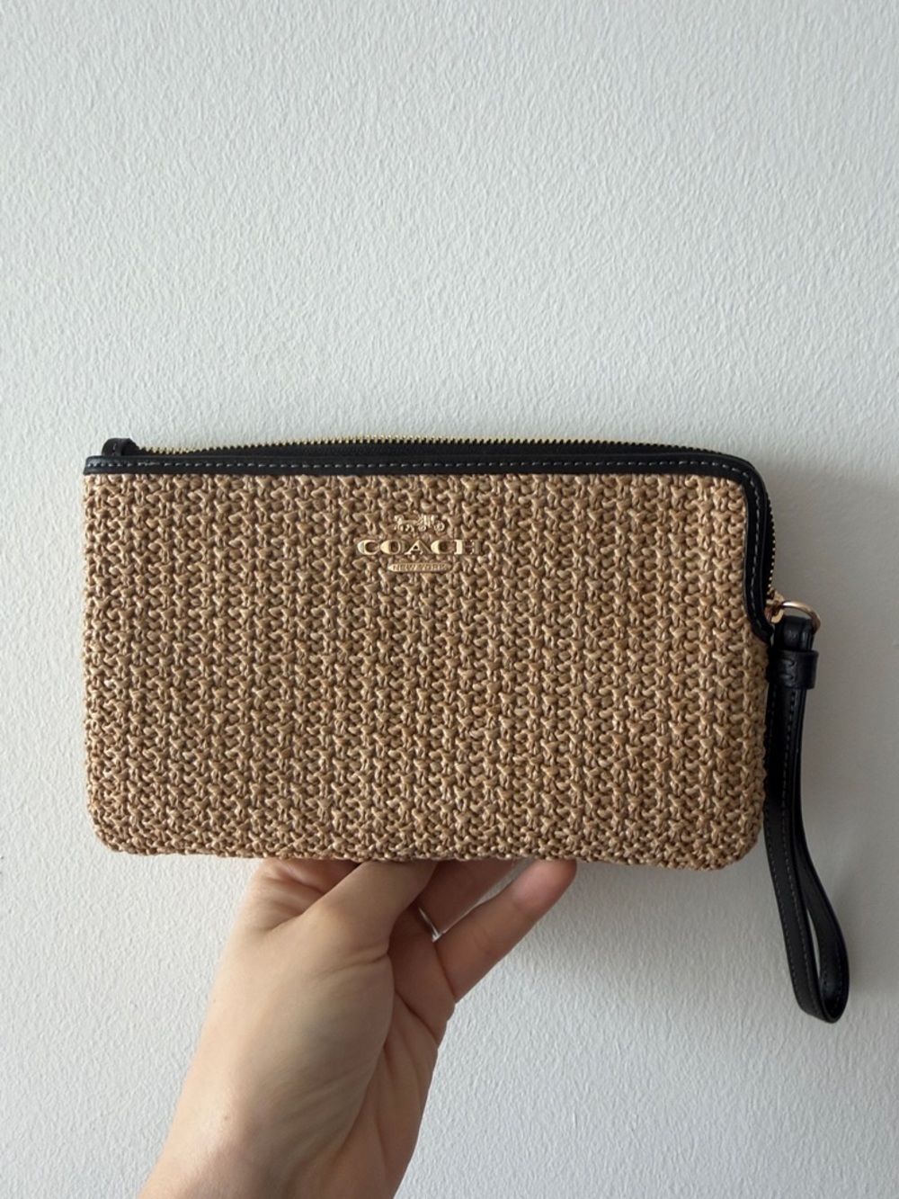 COACH Straw Wristlet Pouch in Natural Tan with Dark Brown Trim